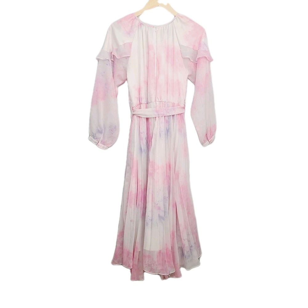 Ivy City Co Lovers Dress S Pink White Chiffon Pleated‎ Long Sleeve Ruffle Midi - Picture 7 of 11